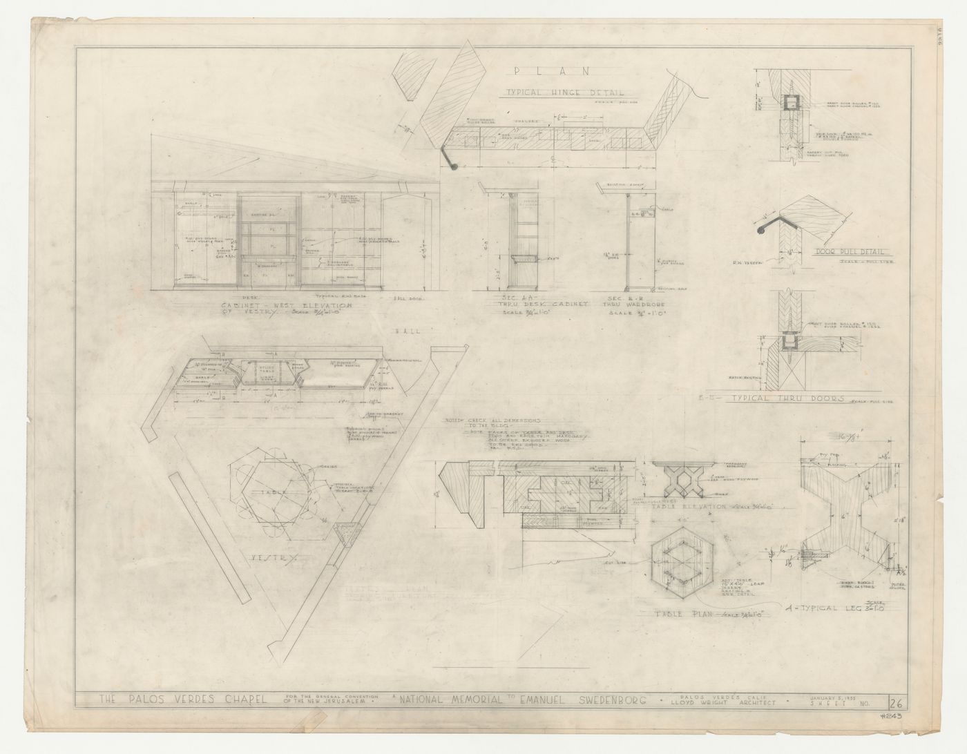 Wayfarers' Chapel, Palos Verdes, California: Plan and interior elevation for the vestry showing cabinetry, and plan, elevations, sections and details for vestry furniture