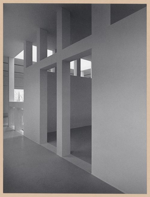 Interior view of the Deutsches Architekturmuseum [German Architecture Museum] showing the principal façade of the second storey of the House-in-House, a light well and the exhibition areas, Schaumainkai 43, Frankfurt am Main, Germany