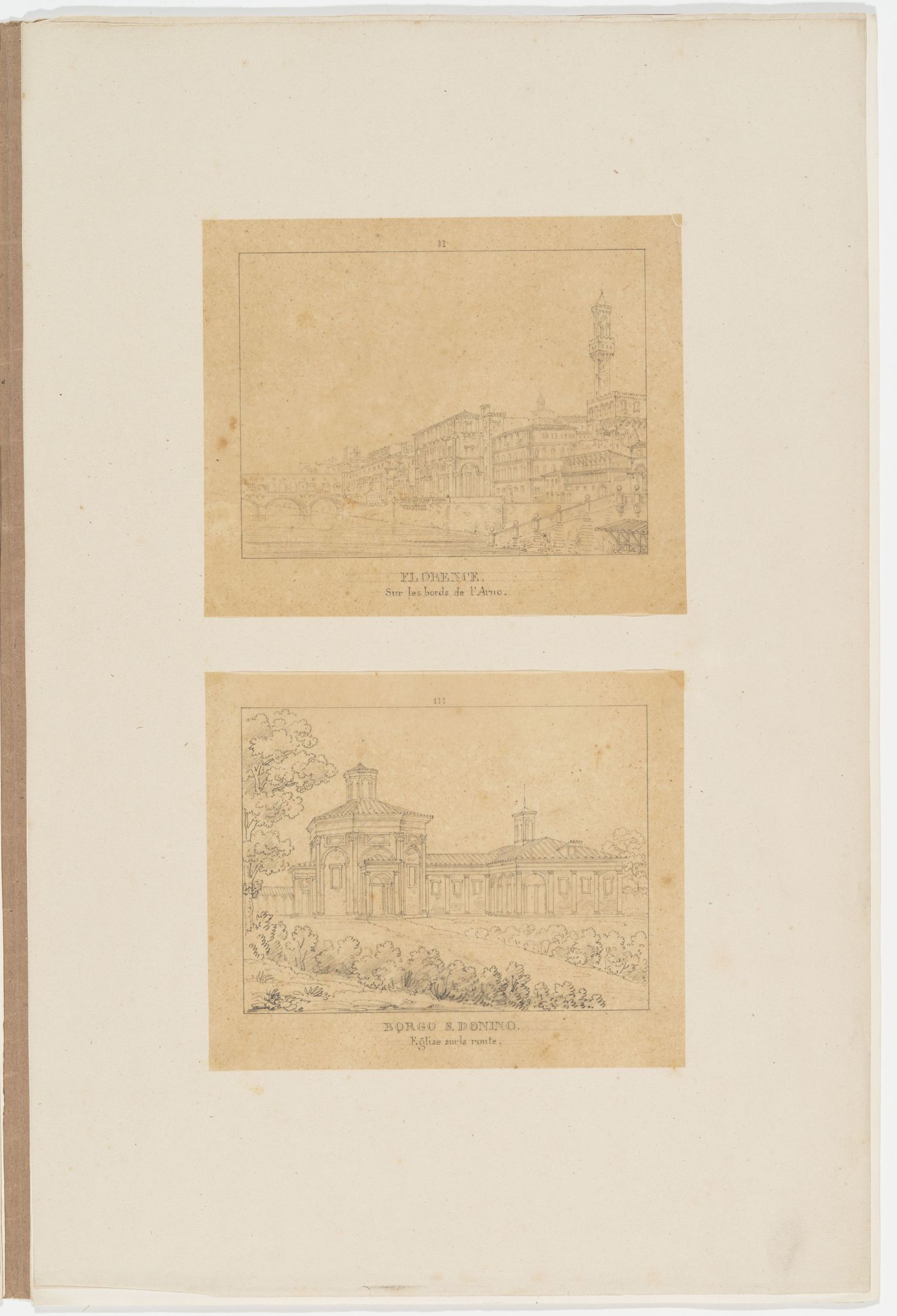 View of Florence from the bank of the Arno River; View of the church Borgo S. Donino, Fidenza
