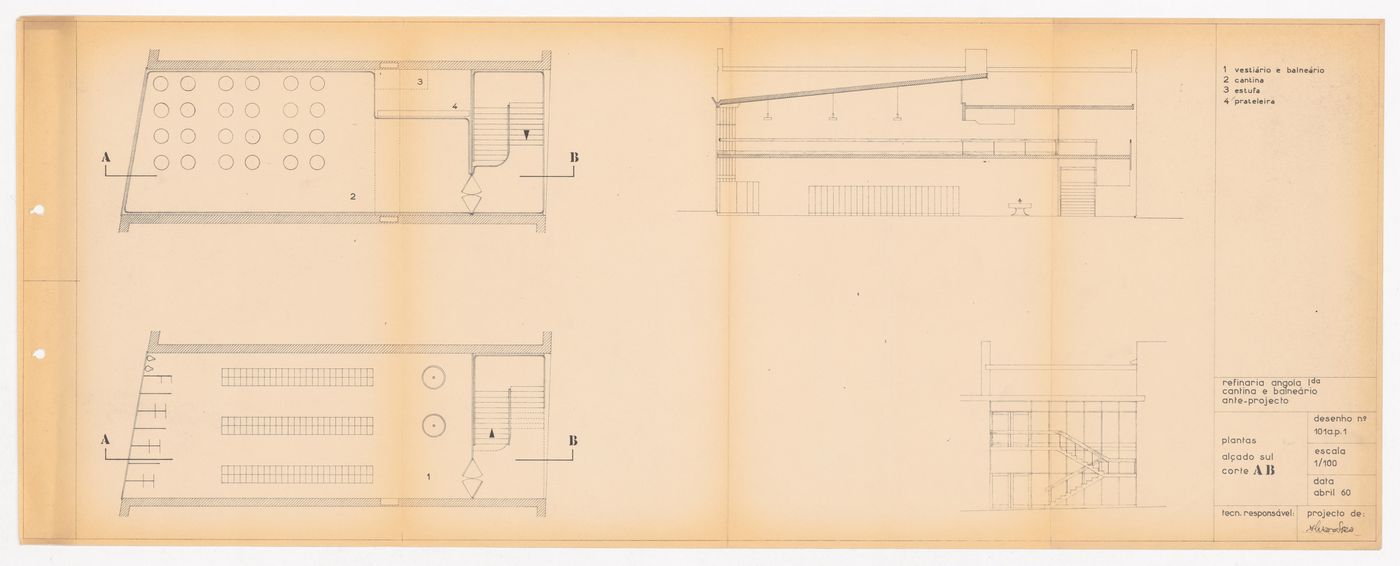 Plans, elevation and section for Refeitório da Refinaria Angola, Matosinhos, Portugal