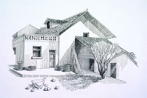 Illustration of rural house used for "Village Upgrading" training package based on research paper "Housing a Billion: Volume 2: Village Upgrading: Jianlu, China"