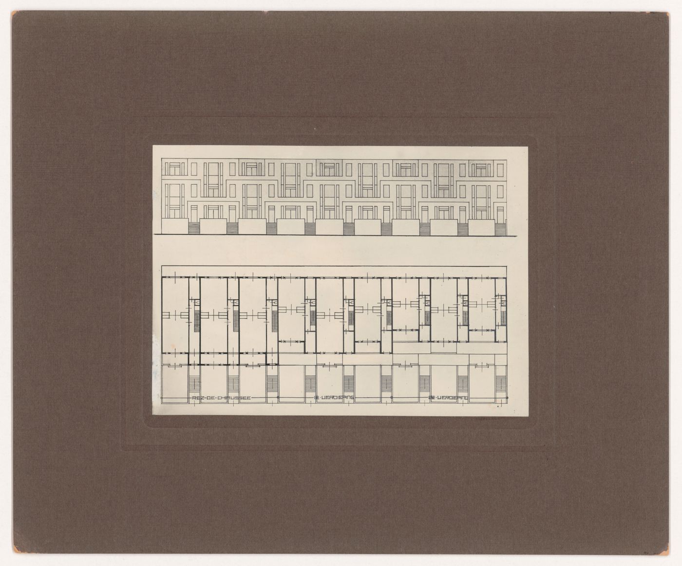 Photograph of a ground plan and elevation for terraced beach houses, Scheveningen, The Hague, Netherlands