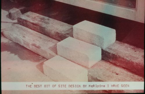 View of three bricks arranged as steps on a construction site, with caption "The best bit of site design by McAlpine I have seen" (from the McAppy project series)