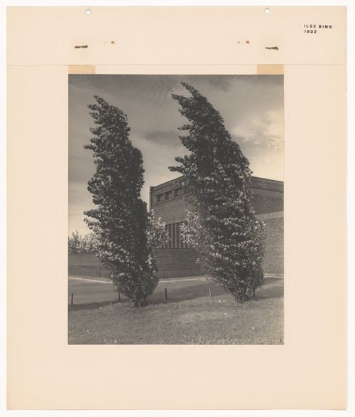 View of trees and a brick building in the New Jewish Cemetery [Neuer Jüdischer Friedhof], Frankfurt am Main, Germany