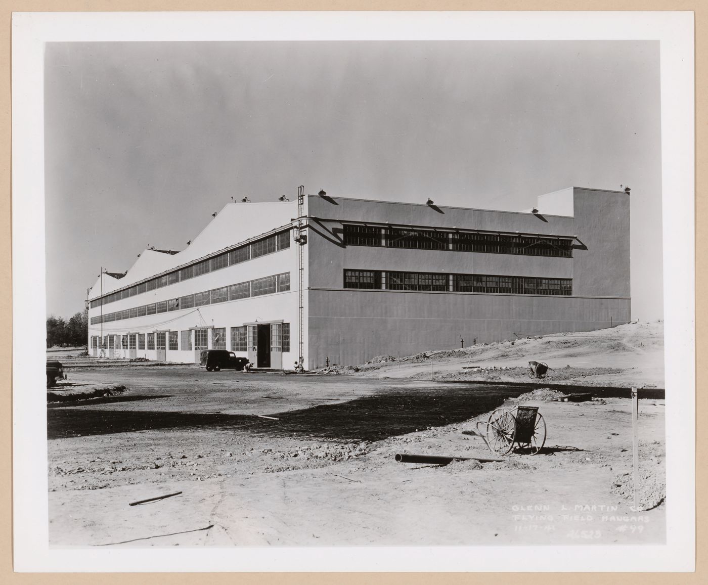 View of the principal and lateral façades of the Flying Field Hangar, Glenn L. Martin Company Navy Assembly Plant No. 2 [?], Middle River, Maryland