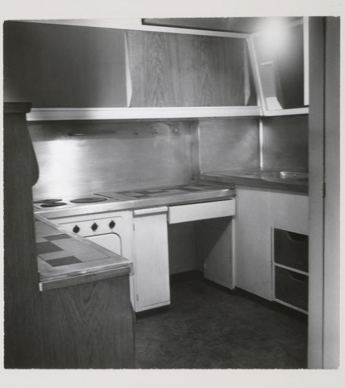 Interior view of an apartment kitchen showing a built-in stove, Unité d'habitation, Marseille, France