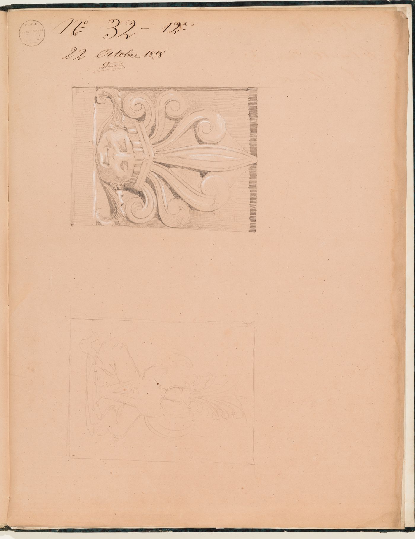 Concours d'émulation entry, 22 October 1858: Study of a head with an anthemion crown, possibly from a soffit