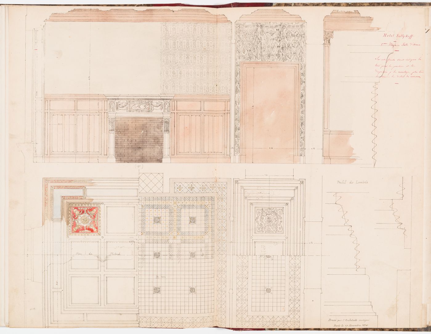 Interior elevation, reflected ceiling plan, plan for the floor tile pattern, and moulding profiles for the "salle sur la cour" or the "salle d'armes" on the second floor, Hôtel Soltykoff