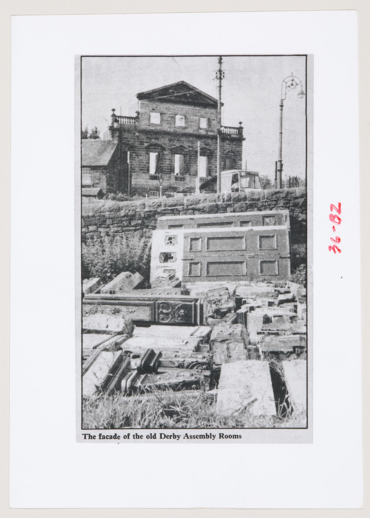 "The old Derby Assembly Rooms surrounded by fragments"