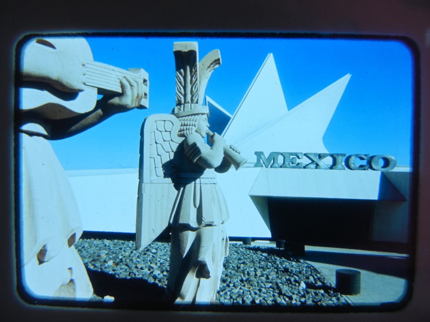 View of the Mexican Pavilion with sculptures in foreground, Expo 67, Montréal, Québec