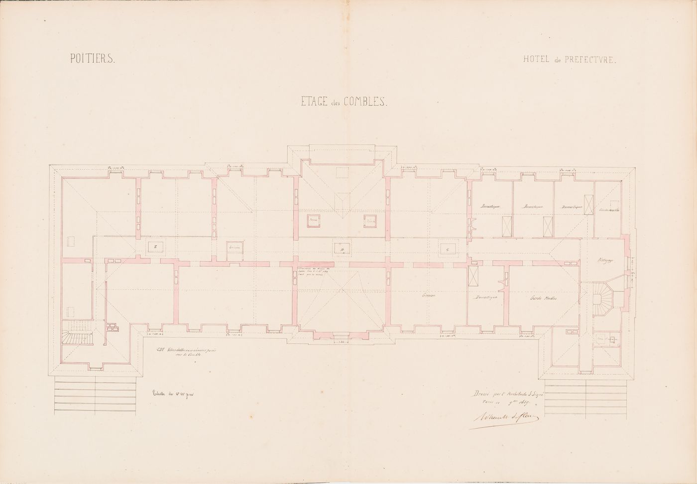 Project for a Hôtel de préfecture, Poitiers: Plan for the "étage des combles" for the Hôtel du Préfet