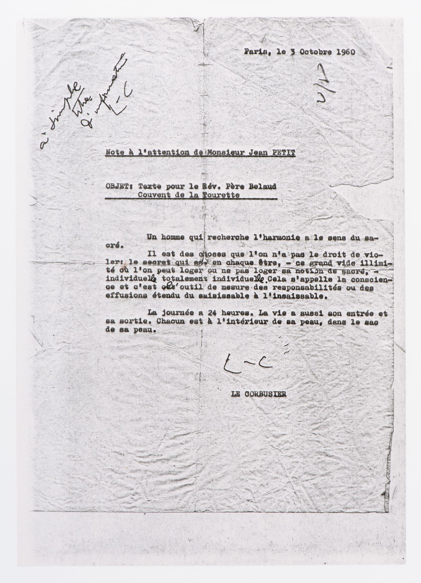 Note de Le Corbusier à l'attention de Jean Petit