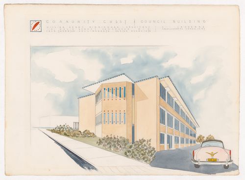 Exterior perspective of entrance facade, Community Chest and Council Building, Vancouver, British Columbia