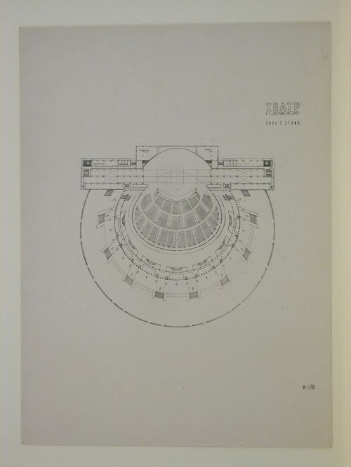 Photograph of a third floor plan for the final round of competition for a "synthetic theater" in Sverdlovsk, Soviet Union (now Ekaterinburg, Russia)