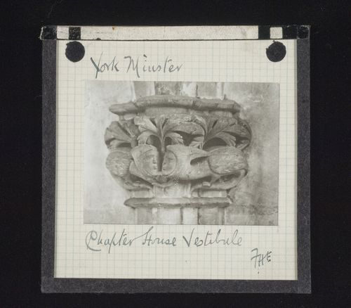 View of capital with grotesque ornamentation in vestibule of Chapter House of York Minster, York, North Yorkshire, England