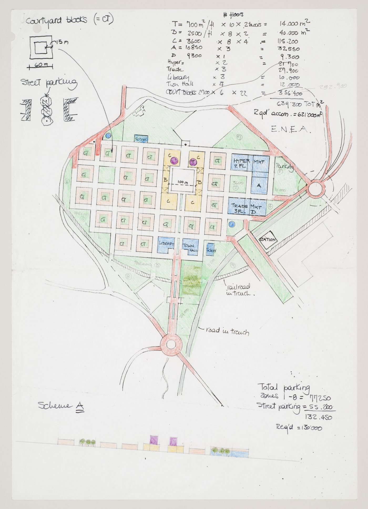 New Town Centre, Caselecchio di Reno, Italy: plans and elevation