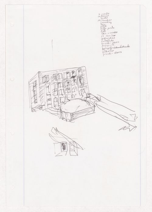 Sketch axonometric view, perspective, and notes for Reitoria e Auditorio Nou. Camp. Univ. de Valencia - Proj. II, Valencia, Spain