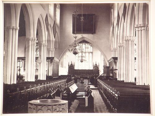 Interior view of nave of Malpas Church, Cheshire, England