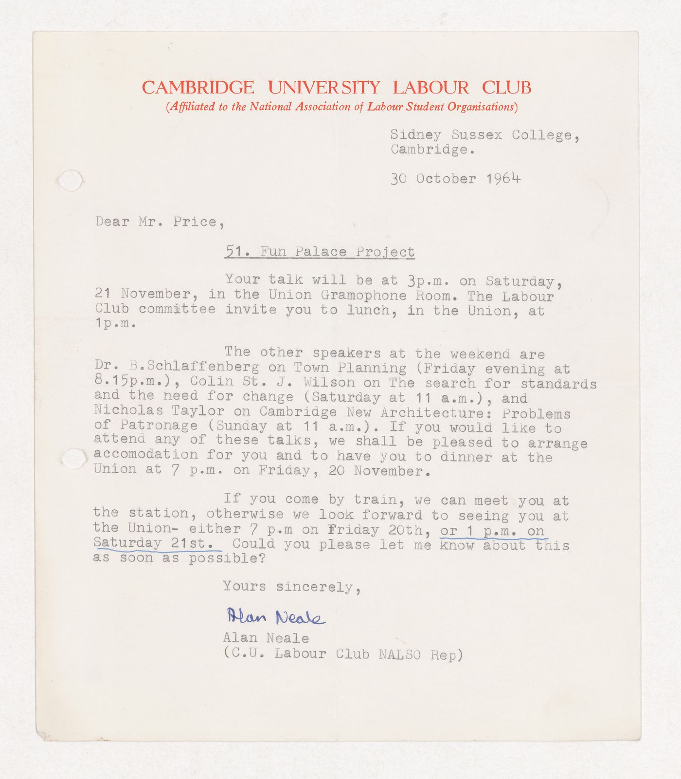 Letter from Alan Neale of the Cambridge University Labour Club to Cedric Price regarding an upcoming speaking engagement