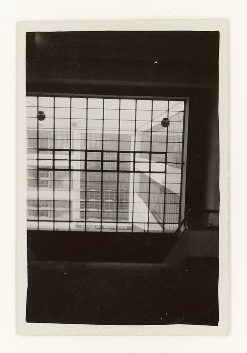 Exterior view of the Bauhaus building through a window showing the housing wing of Dessau Technical School, Dessau, Germany