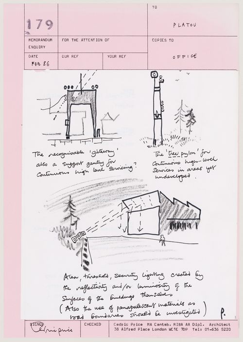 Ski: sketches and notes for a gateway, a tree pylon, and area, threshold and security lighting