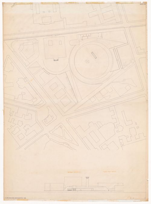 Site plan and east elevation for Monumento às vítimas da Gestapo [Monument to Gestapo victims], Prinz-Albrecht-Palais, Berlin, Germany