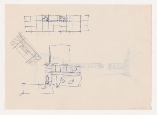 Perspective sketch for Illinois Institute of Technology; verso: Sketch block plan and sketch plans for campus buildings for Illinois Institute of Technology