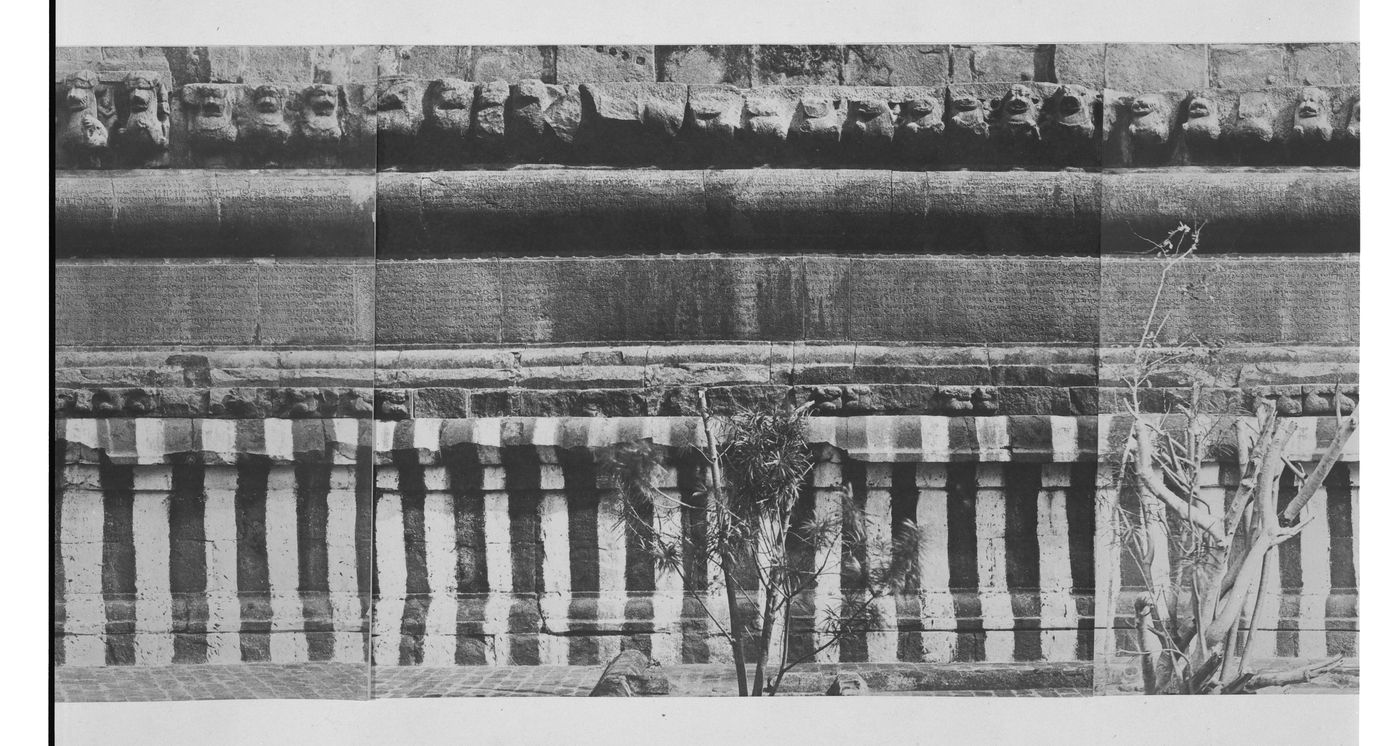Partial view of the inscription panel at the base of the bimanum [sanctuary], Pirakatisvarar Tirukkoyil (also known as the Brihadisvara or Rajarajesvara Temple), Tanjore (now Thanjuvar), India
