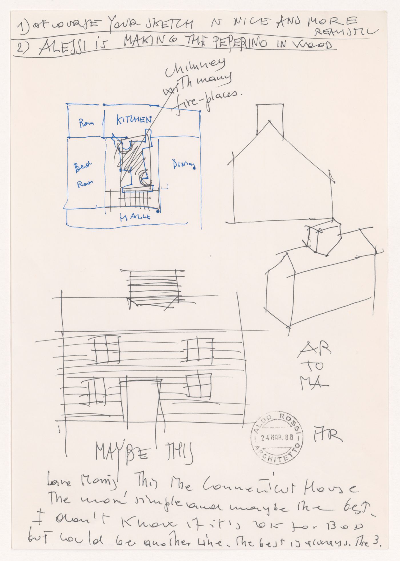 Sketches with notes for Case unifamigliari, Pocono Mountains, Pennsylvania