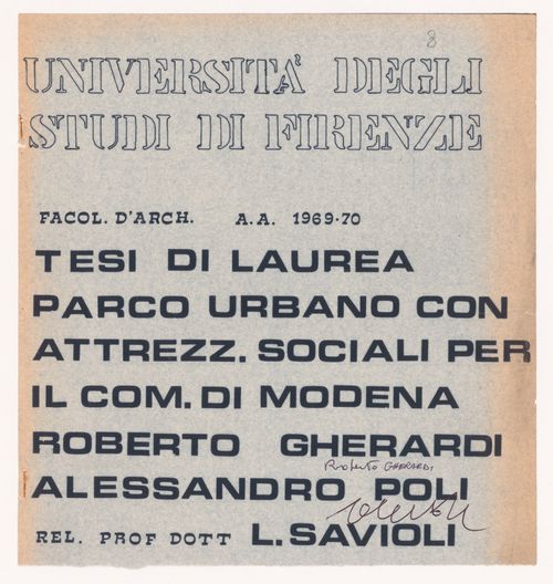 Thesis cover page for Urban park competition, Modena, Italy