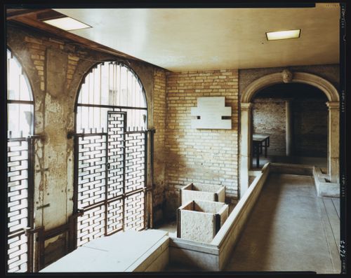 Interior view of the ground floor of the Palazzo Querini Stampalia showing the canal gates, a platform, Venice, Italy