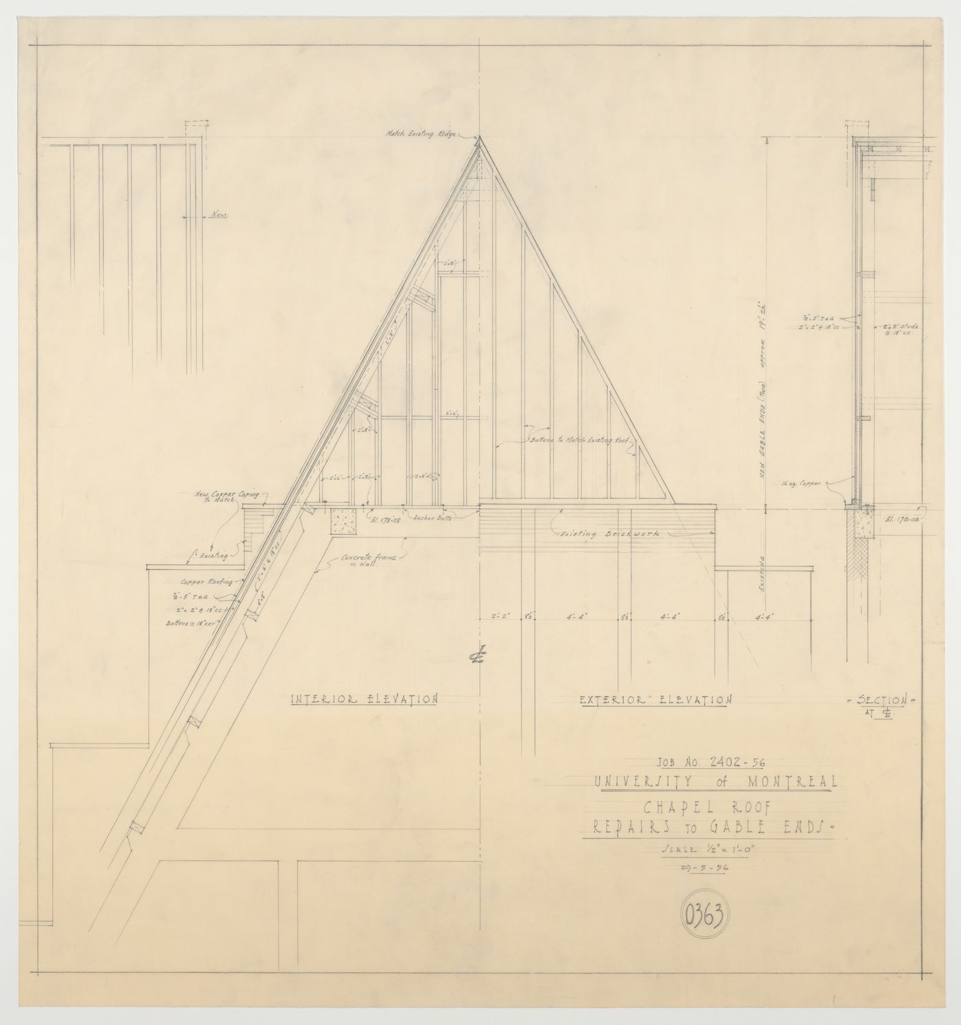 Détails des réparations du toit de la chapelle, Pavillon principal et campus, Université de Montréal, Montréal, Canada (1924-1947)