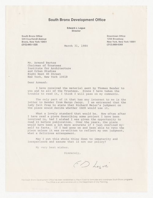 Letter from Edward J. Logue to Armand Bartos about the retraction of an article by Thomas Bender from Skyline