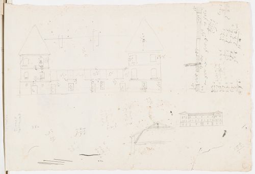 Sketch elevation, partial section and dimensioning of the house, and a partial sketch section and sketch elevation, probably for renovations, Domaine de la Vallée; verso: Sketches, including a partial site plan, Domaine de la Vallée