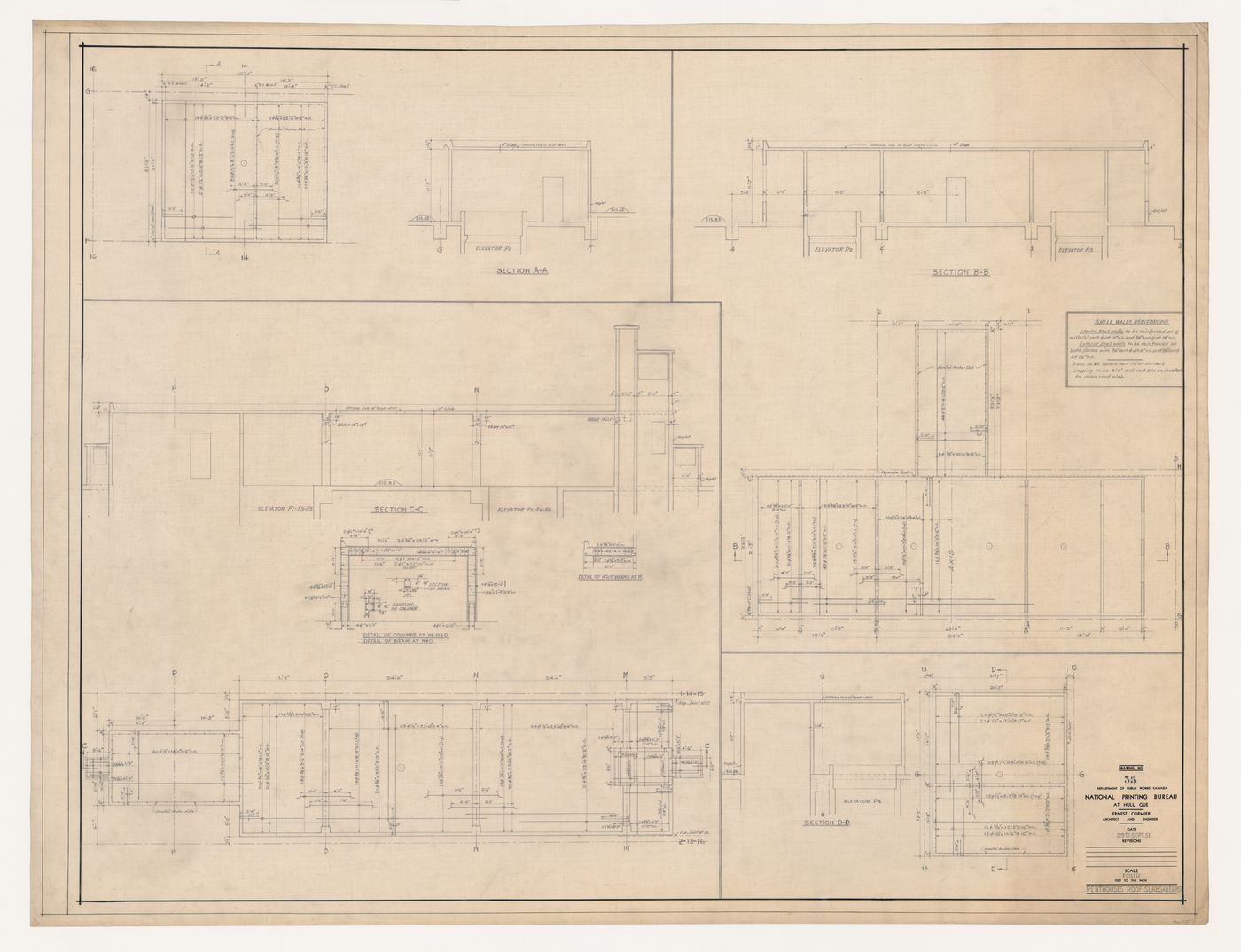 Coupes et détails des dalles et des poutres du plafond des penthouses, Imprimerie Nationale du Canada, Hull, Québec, Canada