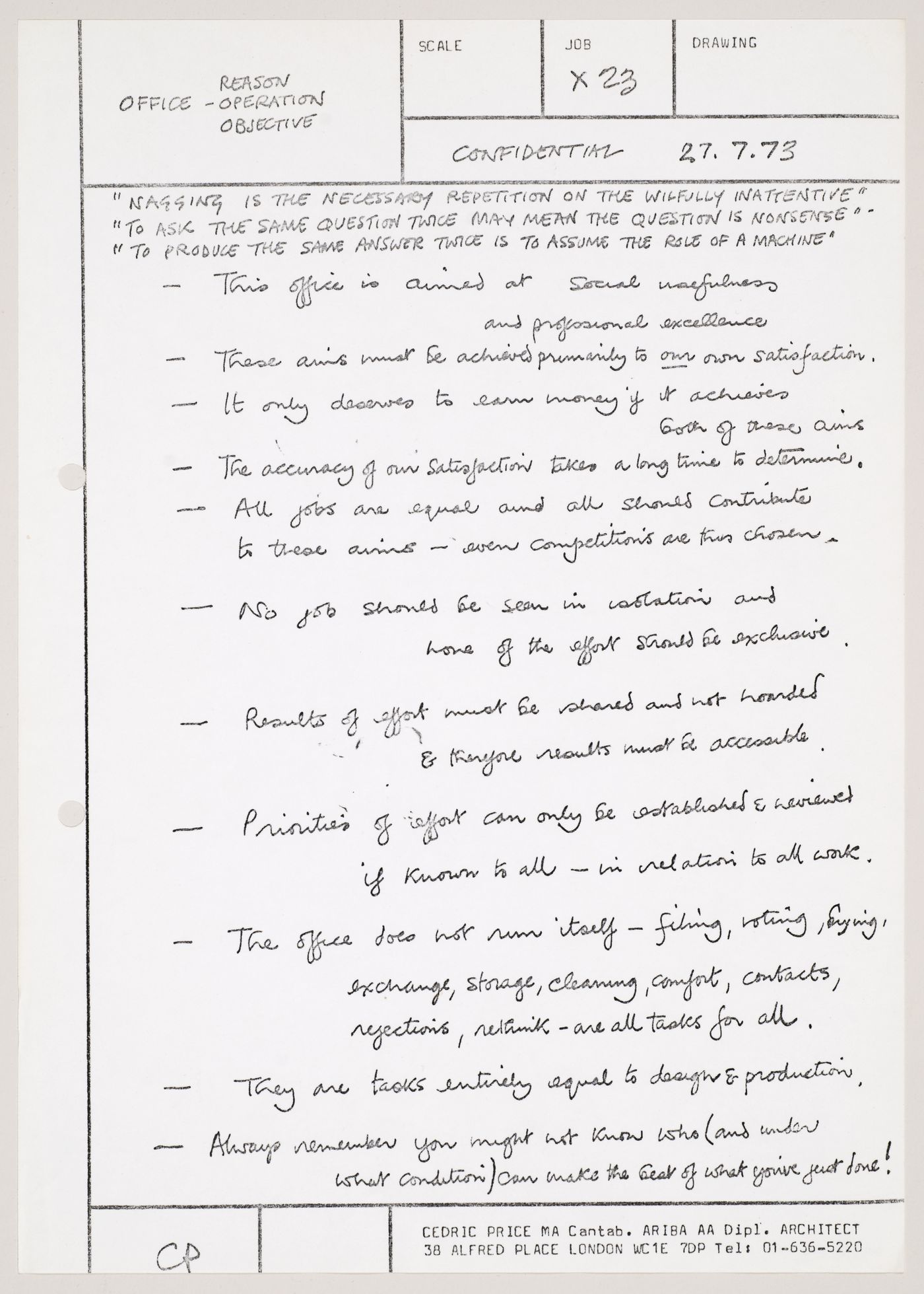 Office Reason, Operation, Objective: Cedric Price Confidential Internal Office Memo July 27, 1973