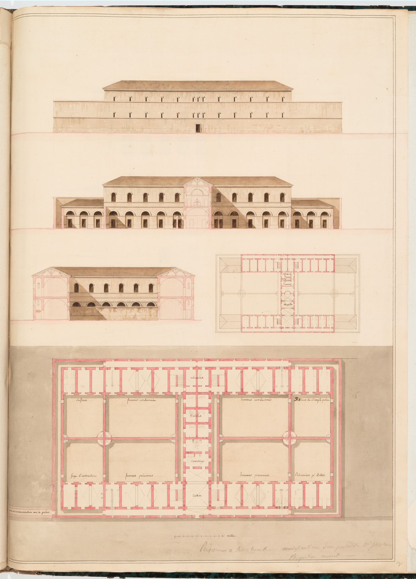 Prison, Hazebrouck, France: Elevation, sectional elevations, and plans