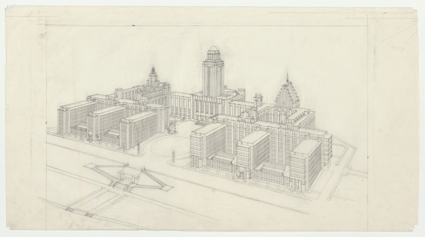 Perspective aérienne, Pavillon principal et campus, Université de Montréal, Montréal, Canada (1924-1947)