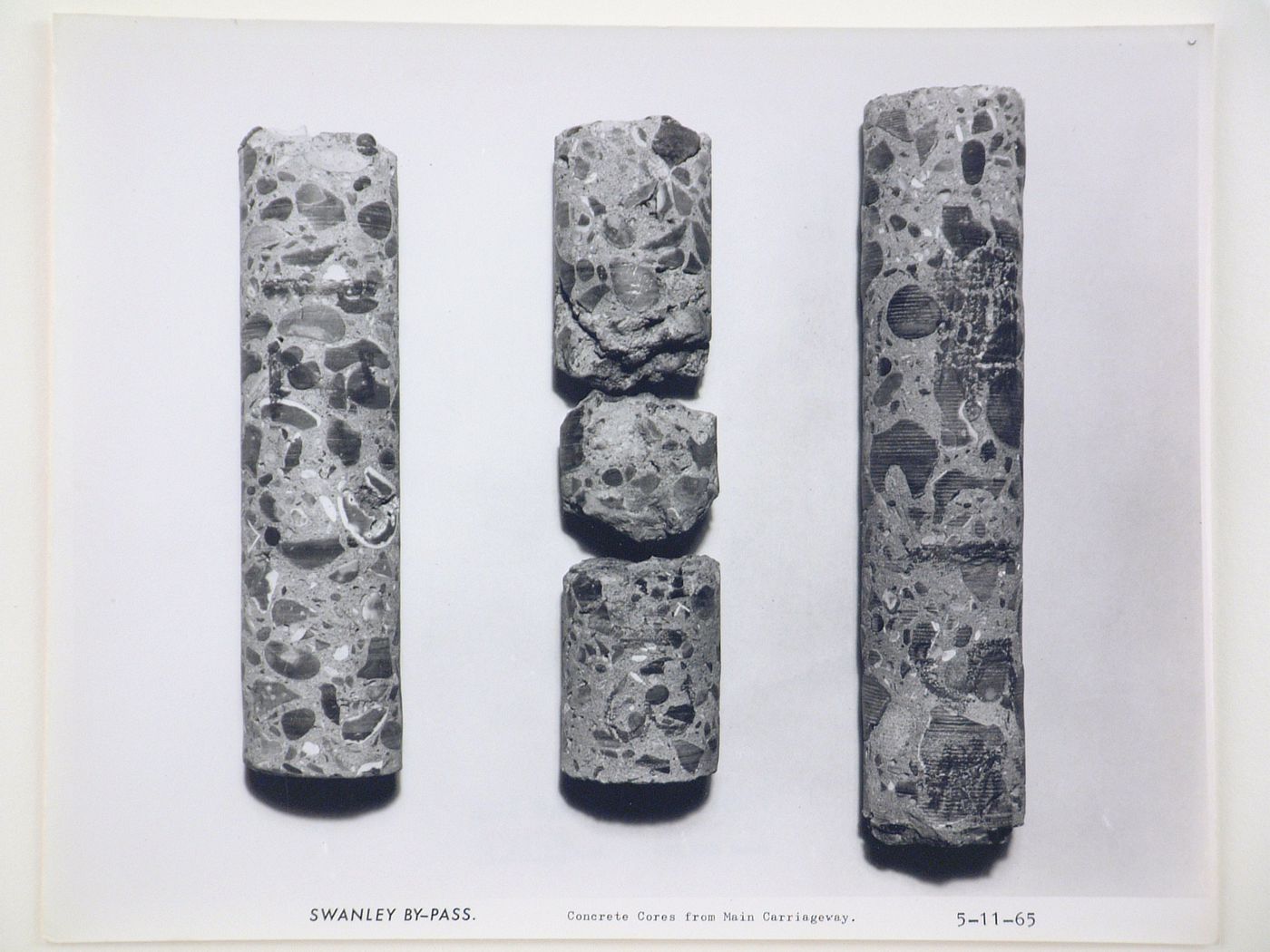 Studio view of concrete cores from main carriageway of the Swanley Bypass, England