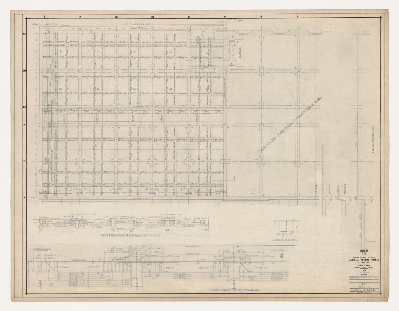 Plan et détail du plancher de l'étage 1 et de la salle des machines, Imprimerie Nationale du Canada, Hull, Québec, Canada