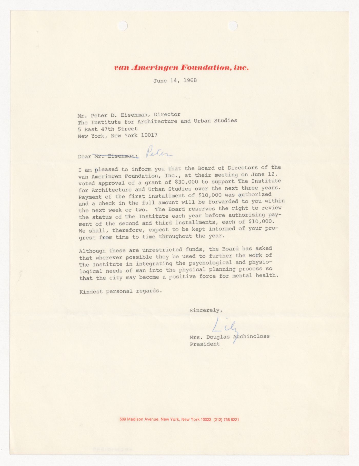 Letter from Mrs. Douglas Auchincloss to Peter D. Eisenman about a grant awarded by the van Ameringen Foundation