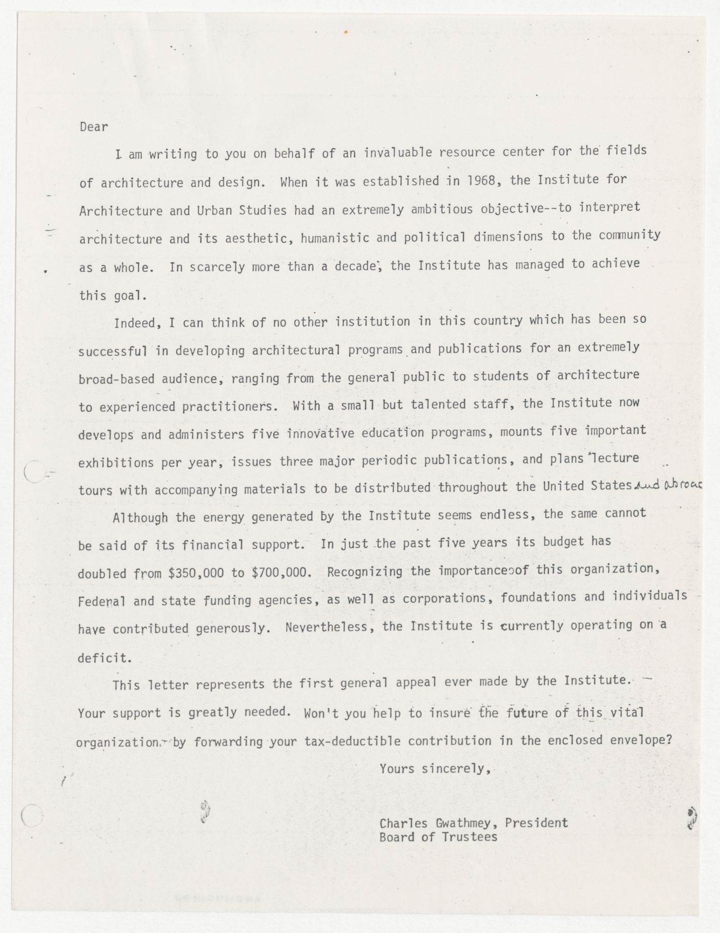 Draft solicitation letter from Charles Gwathmey