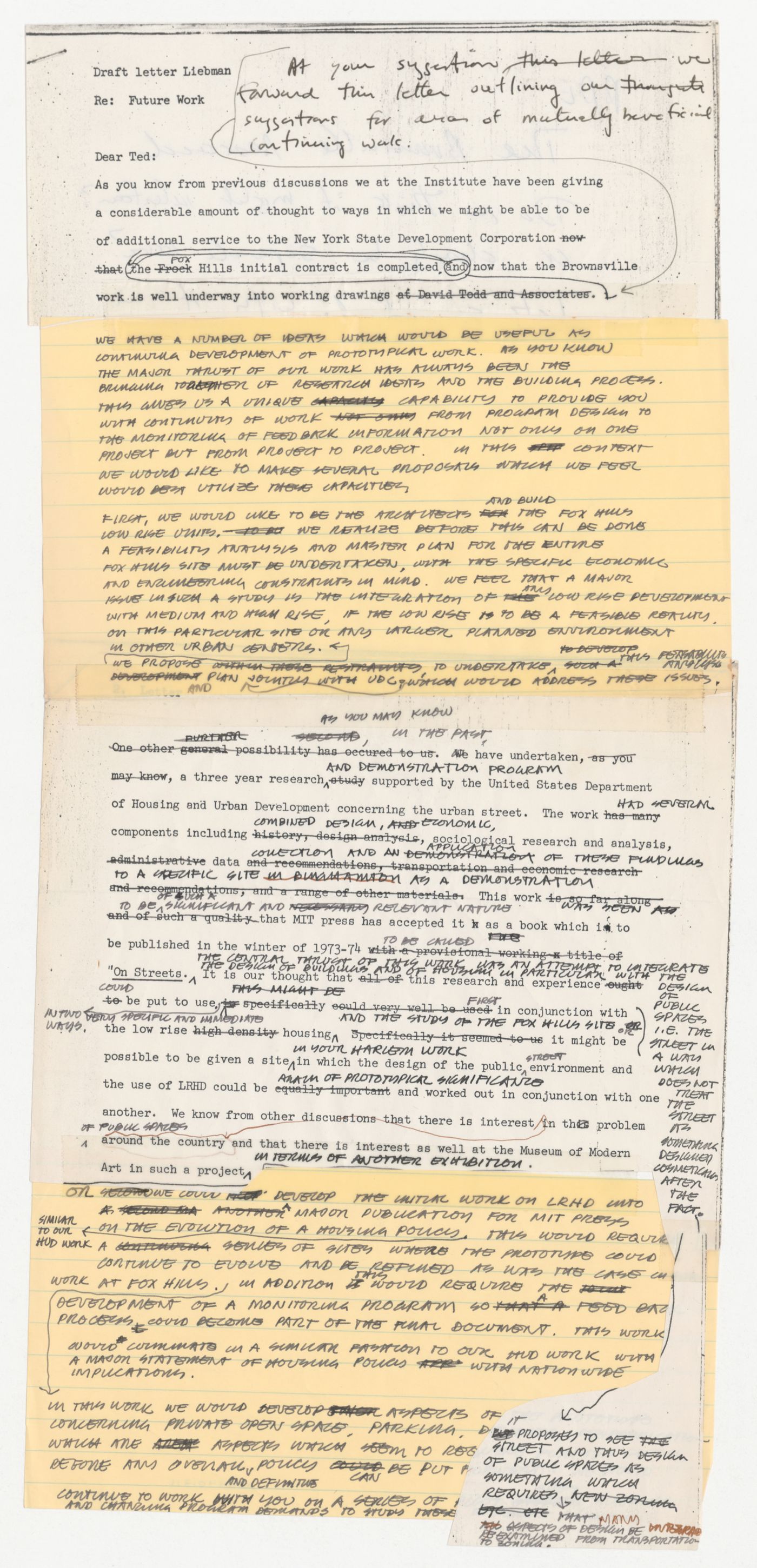 Draft letter from Peter D. Eisenman to Theodore Liebman with annotations by Peter D. Eisenman