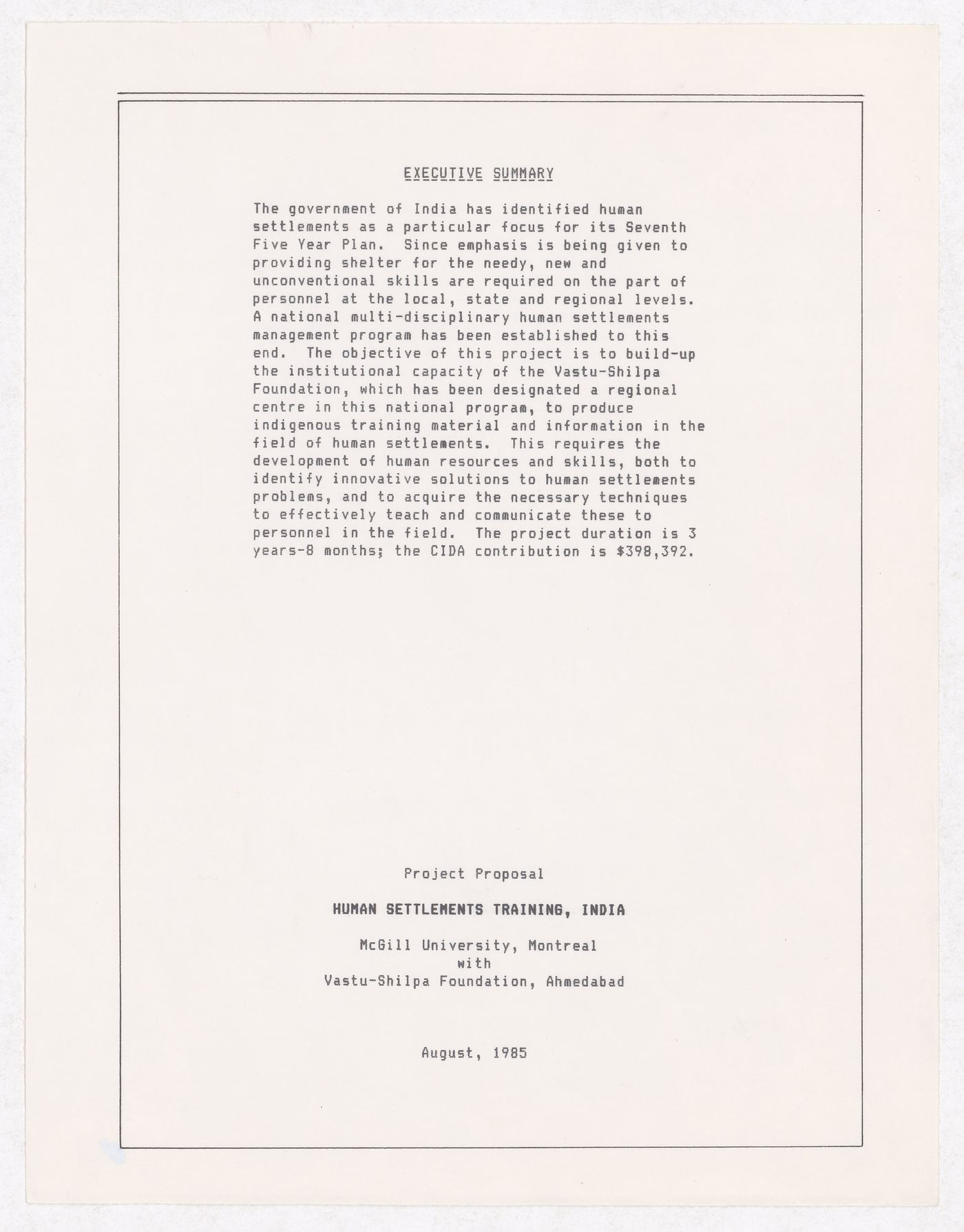 Project proposal for the Human Settlement Training, India, to the Canadian International Development Agency (CIDA)