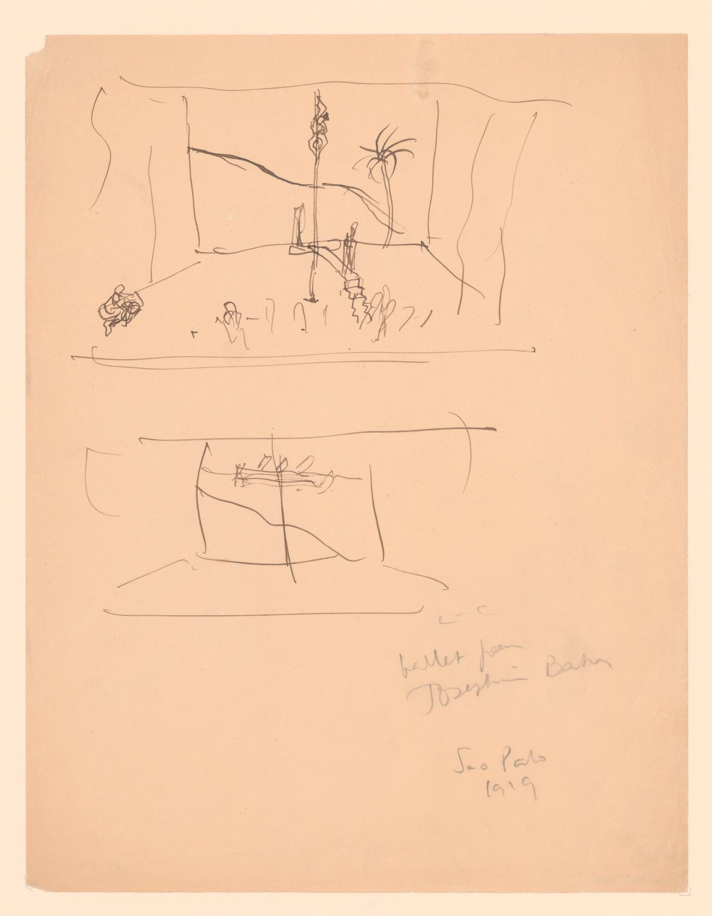 A pair of perspective views of a stage set design for a performance by Josephine Baker