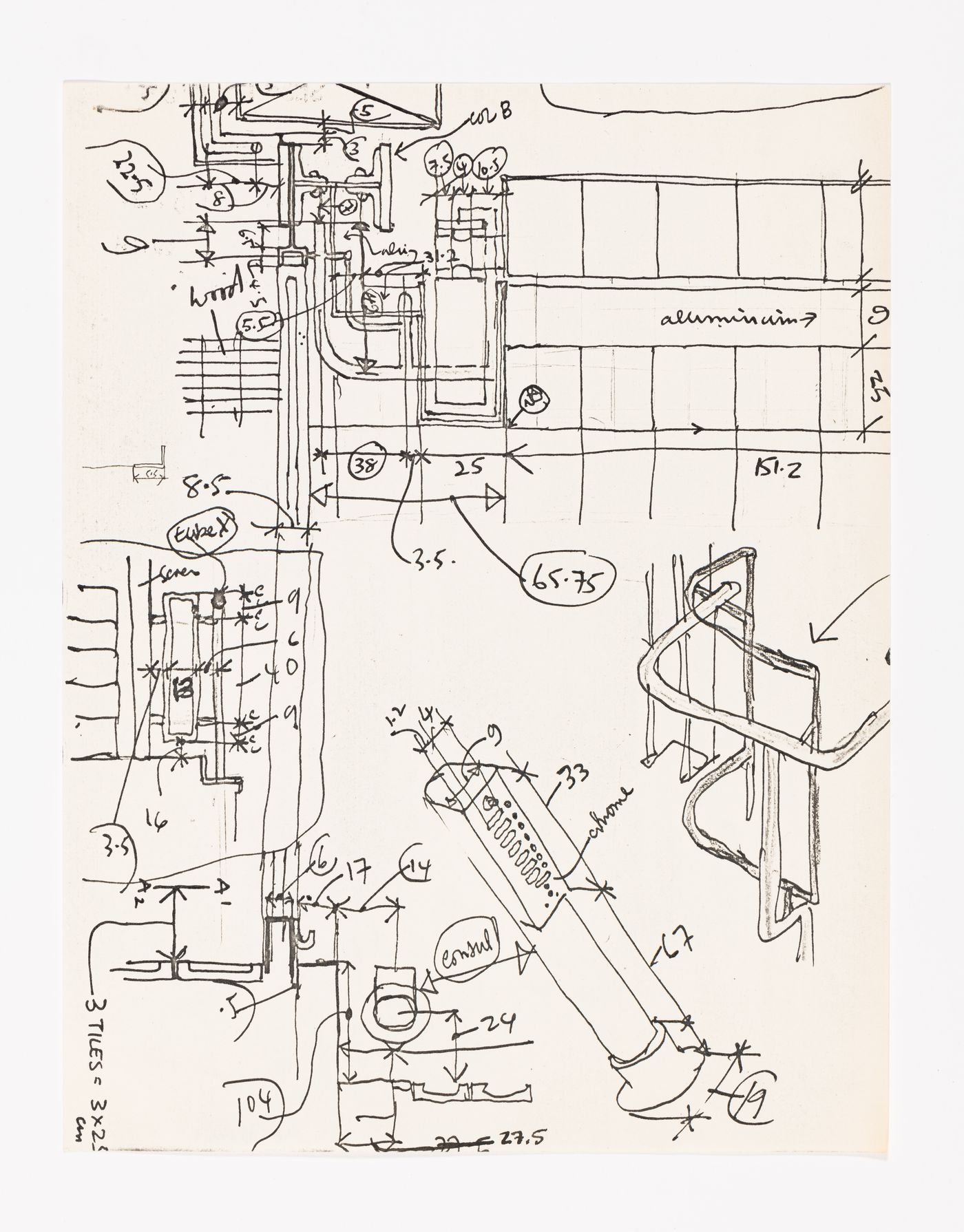 Measurement sketch of the Maison de Verre handrail and details, Maison de Verre, Paris, France