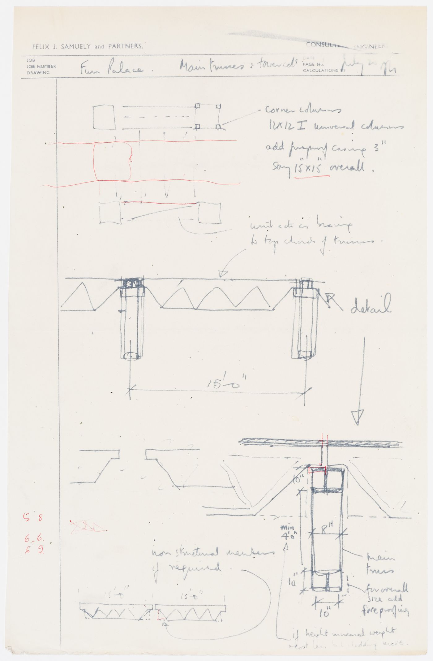 Fun Palace: sketches and notes on main trusses and tower columns