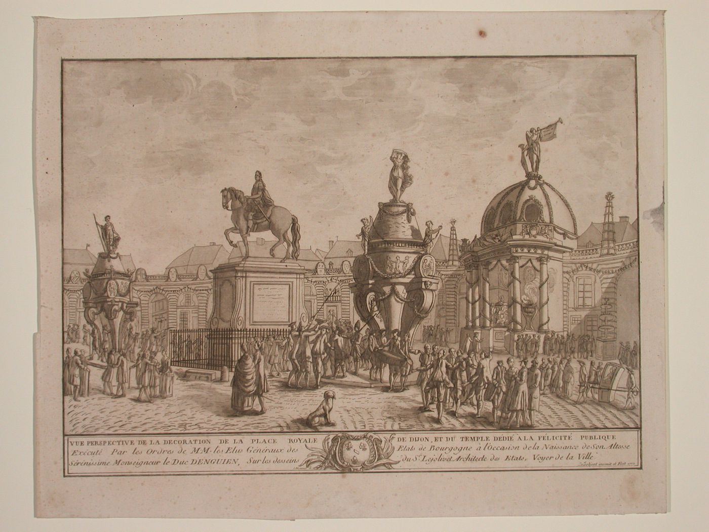 Vue perspective de la décoration de la Place Royale de Dijon, et du temple...