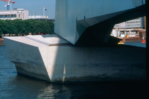 View of heels of the pylon in place, Erasmus Bridge construction, Rotterdam