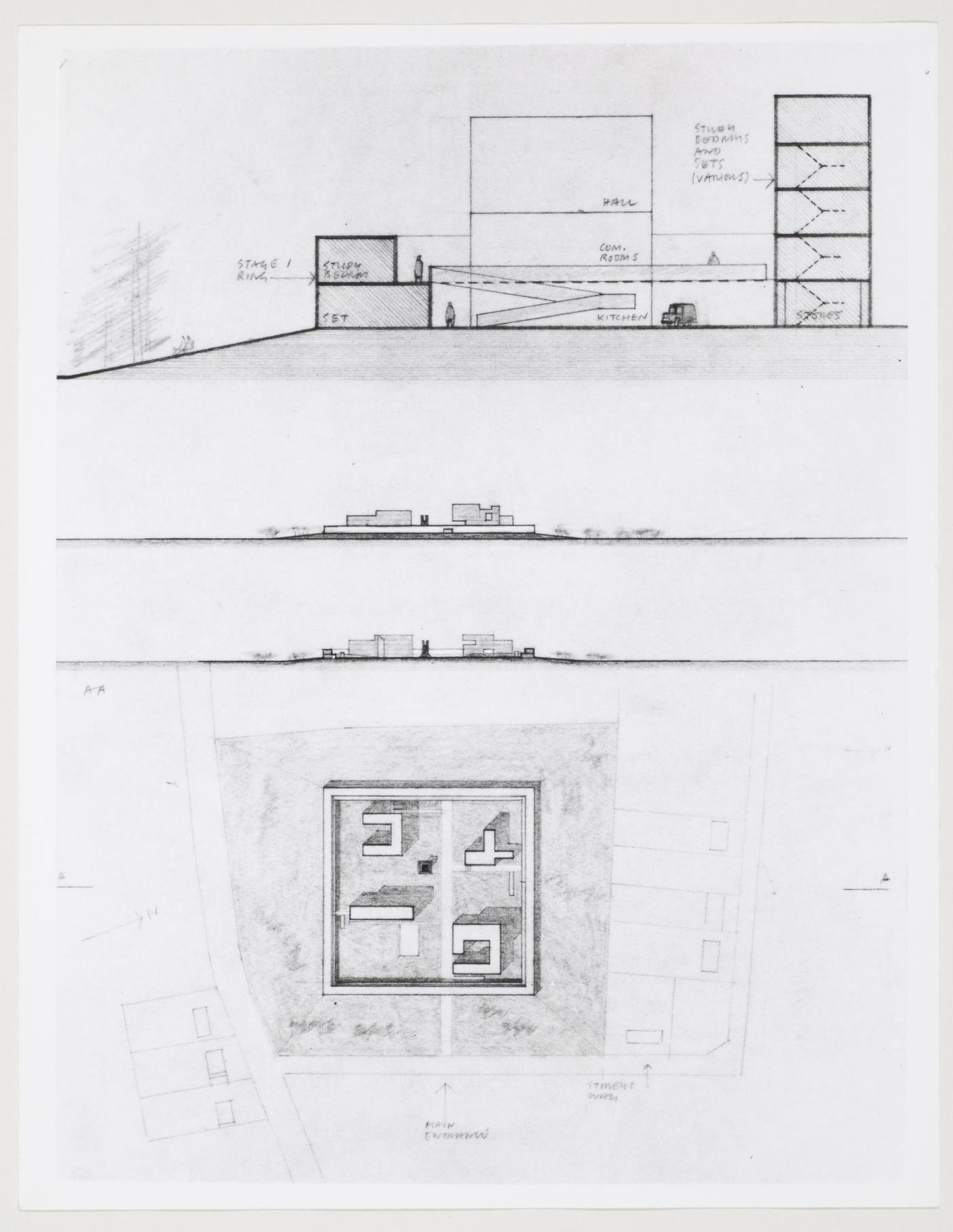 Churchill College, University of Cambridge, Cambridge, England: photograph of section, elevations and plan